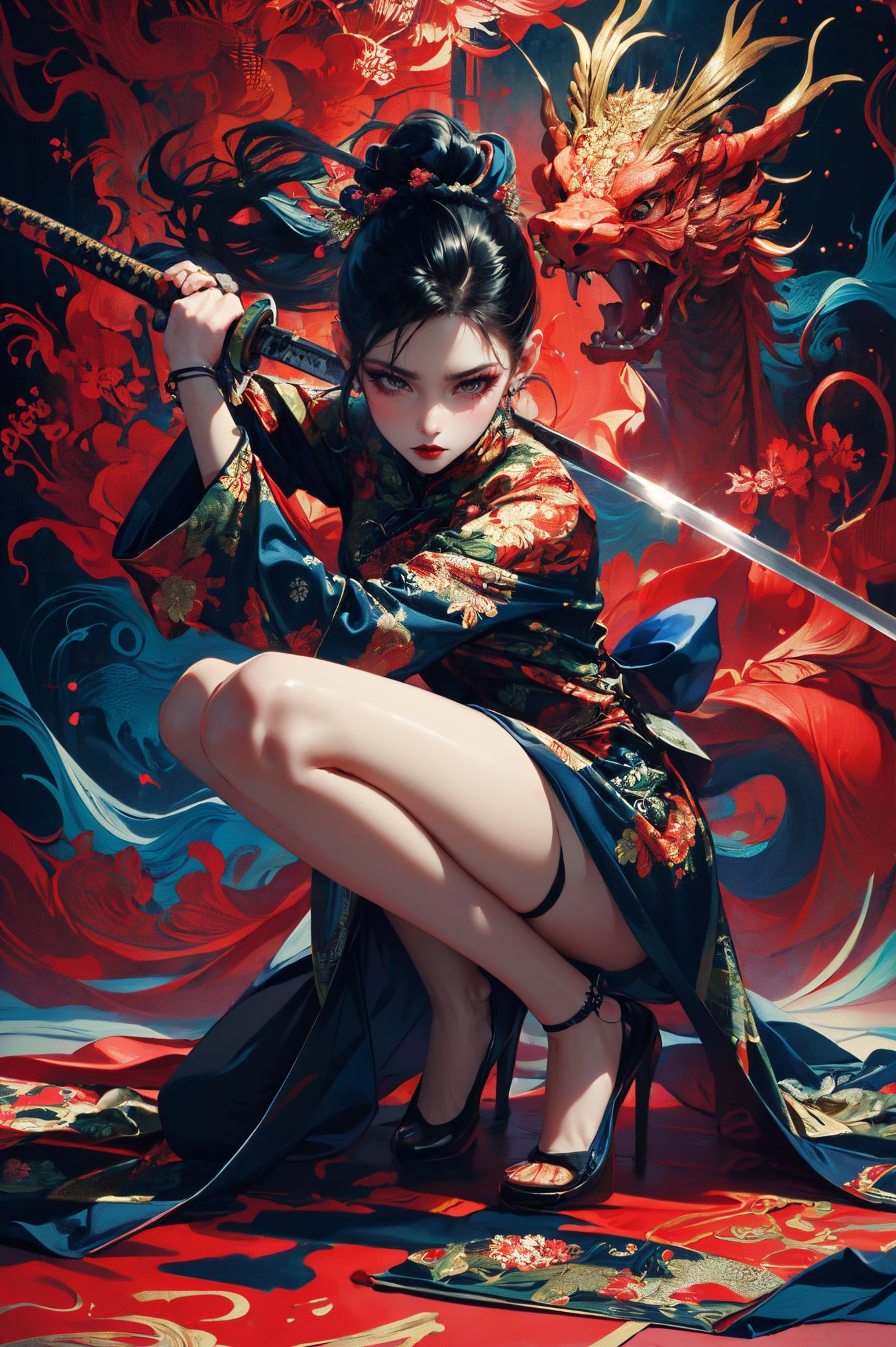 AI绘画StableDiffusion带信息样图（civitai.com站精选）-红龙与旗袍少女