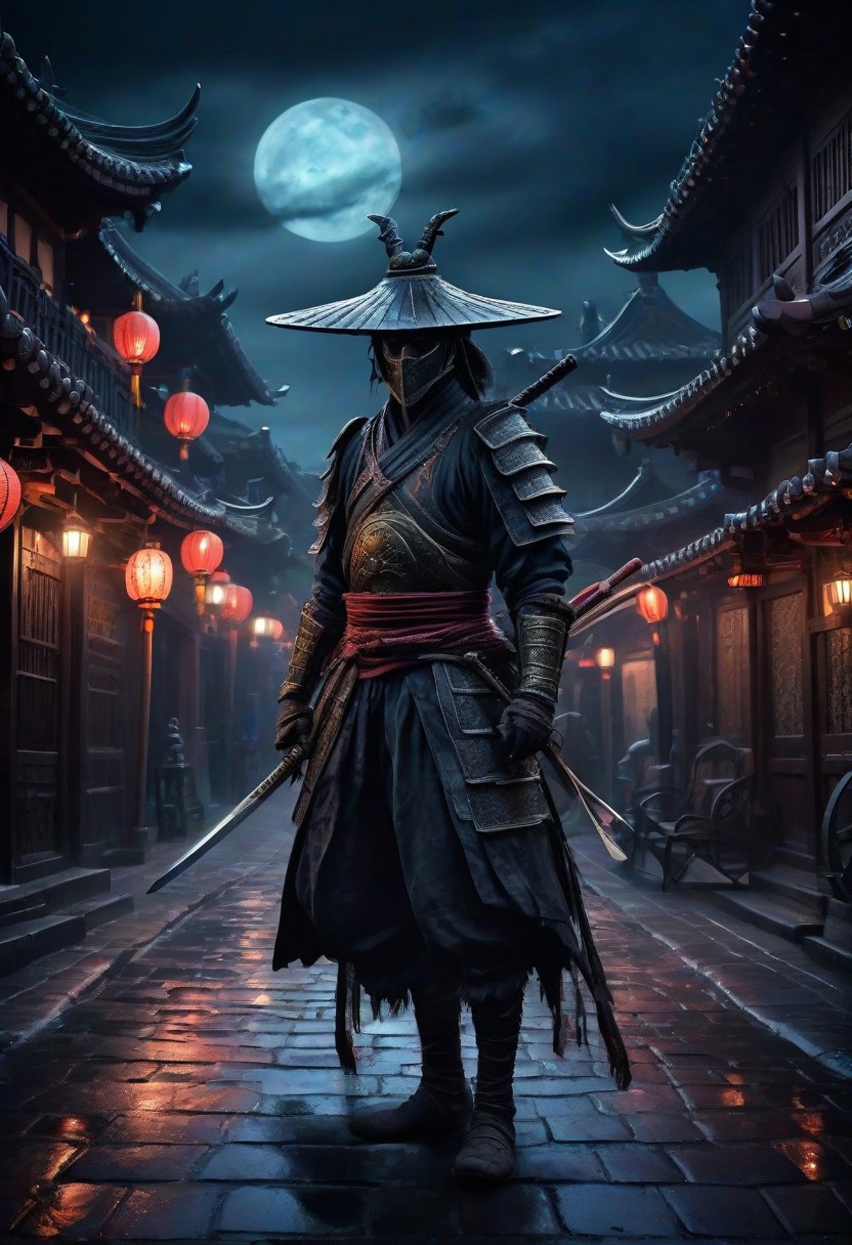 AI绘画StableDiffusion带信息样图（civitai.com站精选）-夜晚街道上的武士