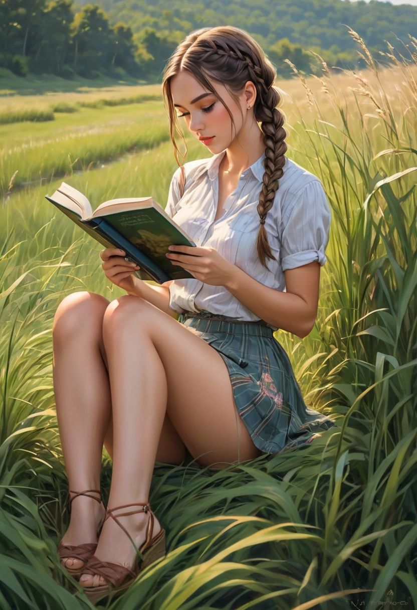 AI绘画StableDiffusion带信息样图（civitai.com站精选）-坐在草地上看书的少女