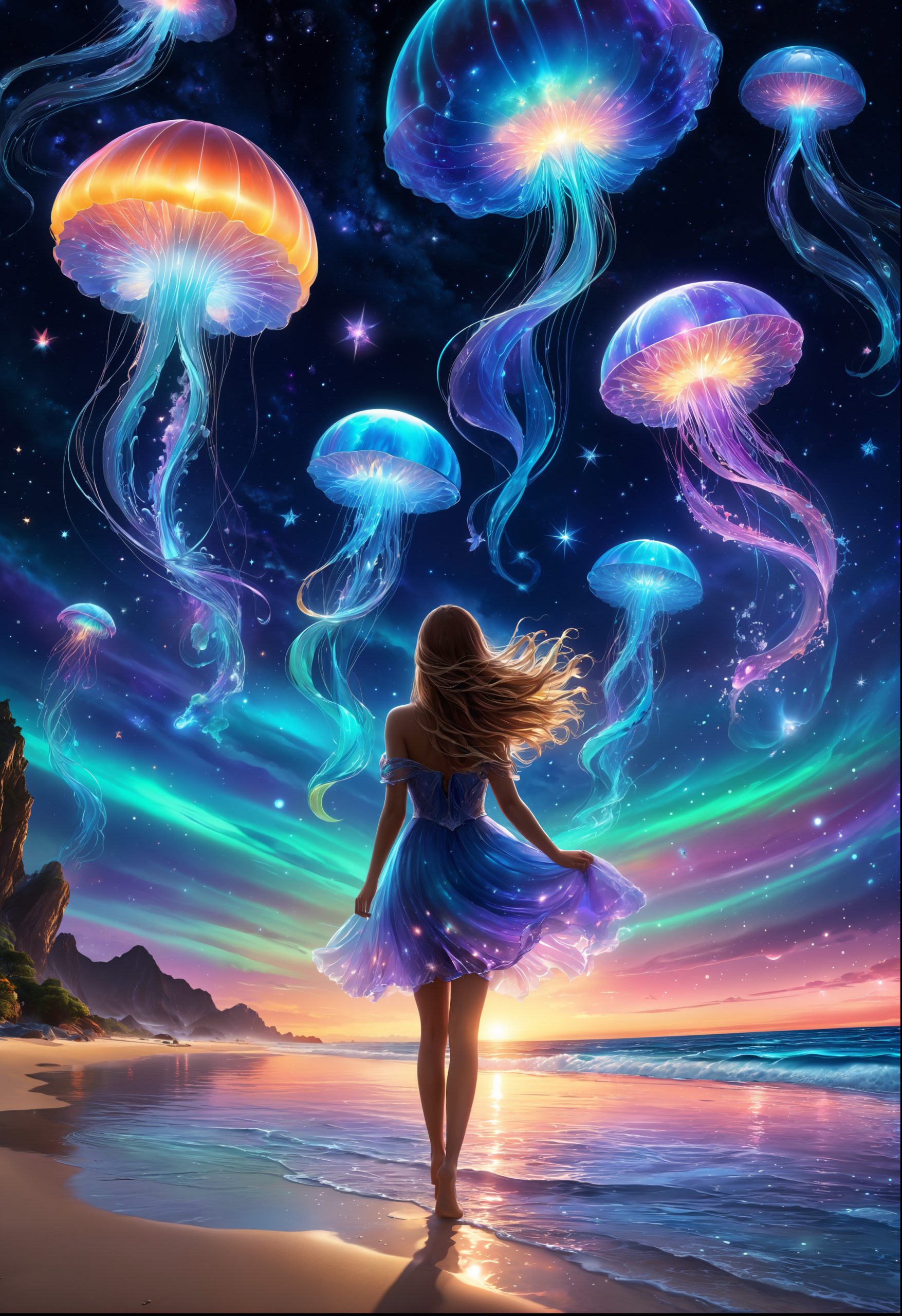 AI绘画StableDiffusion带信息样图（civitai.com站精选）-黑夜上空的水母