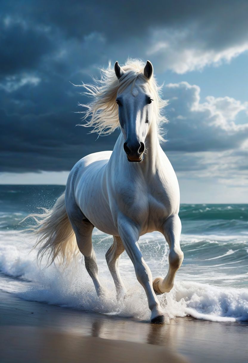 AI绘画StableDiffusion带信息样图（civitai.com站精选）-海边沙滩上奔跑着的白马
