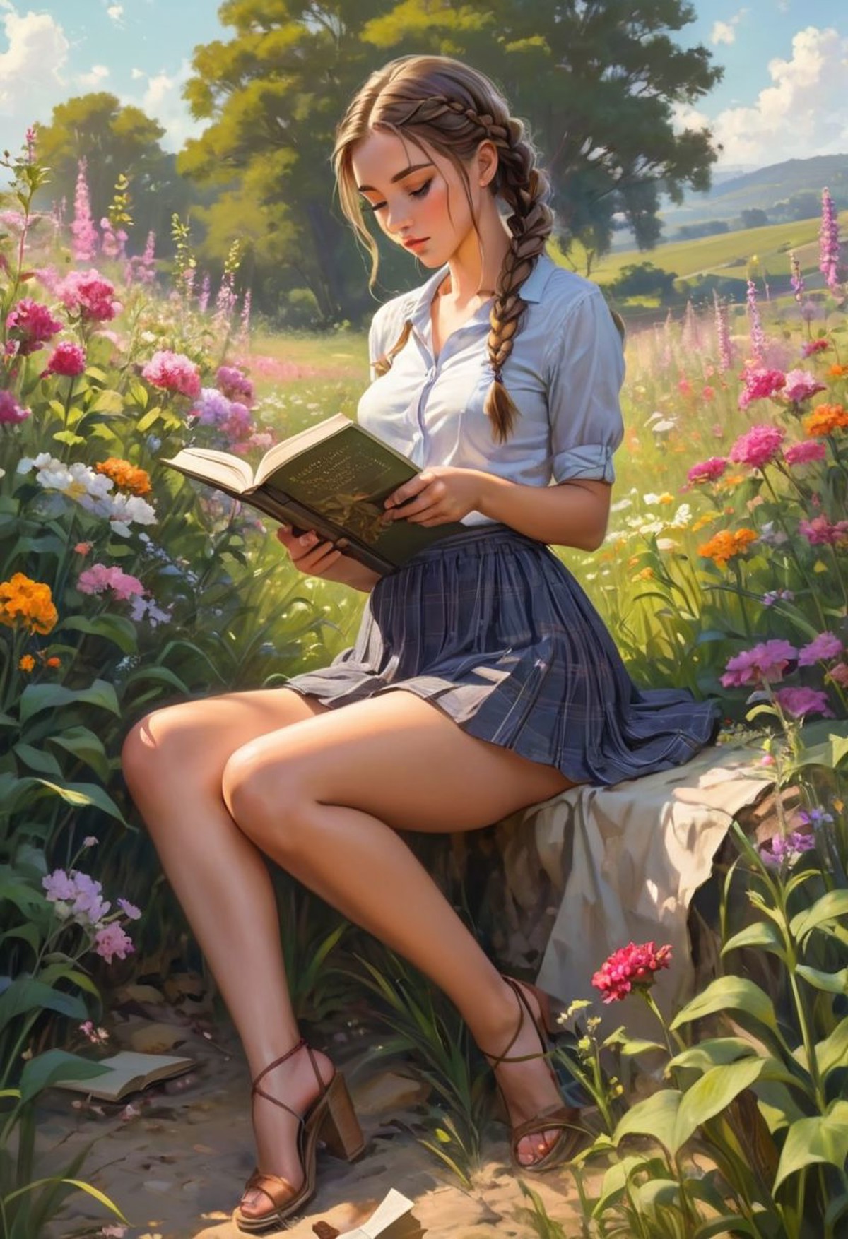 AI绘画StableDiffusion带信息样图（civitai.com站精选）-坐在花草丛中的看书的女孩