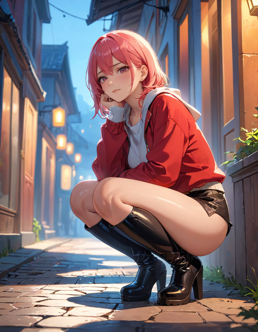 AI绘画StableDiffusion带信息样图（civitai.com站精选）-蹲在小巷里的红发少女