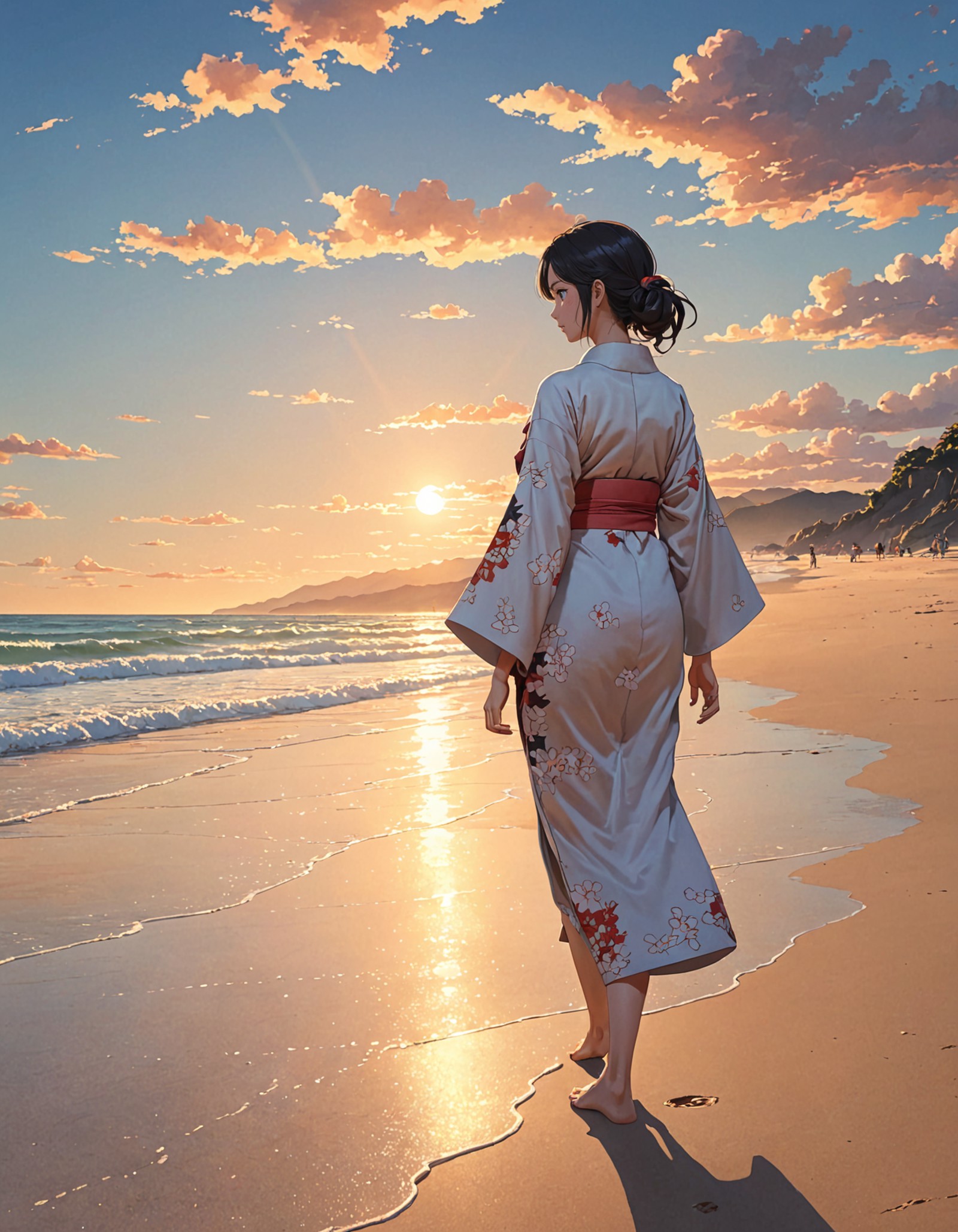 AI绘画StableDiffusion带信息样图（civitai.com站精选）-海边沙滩上散步的和服少女