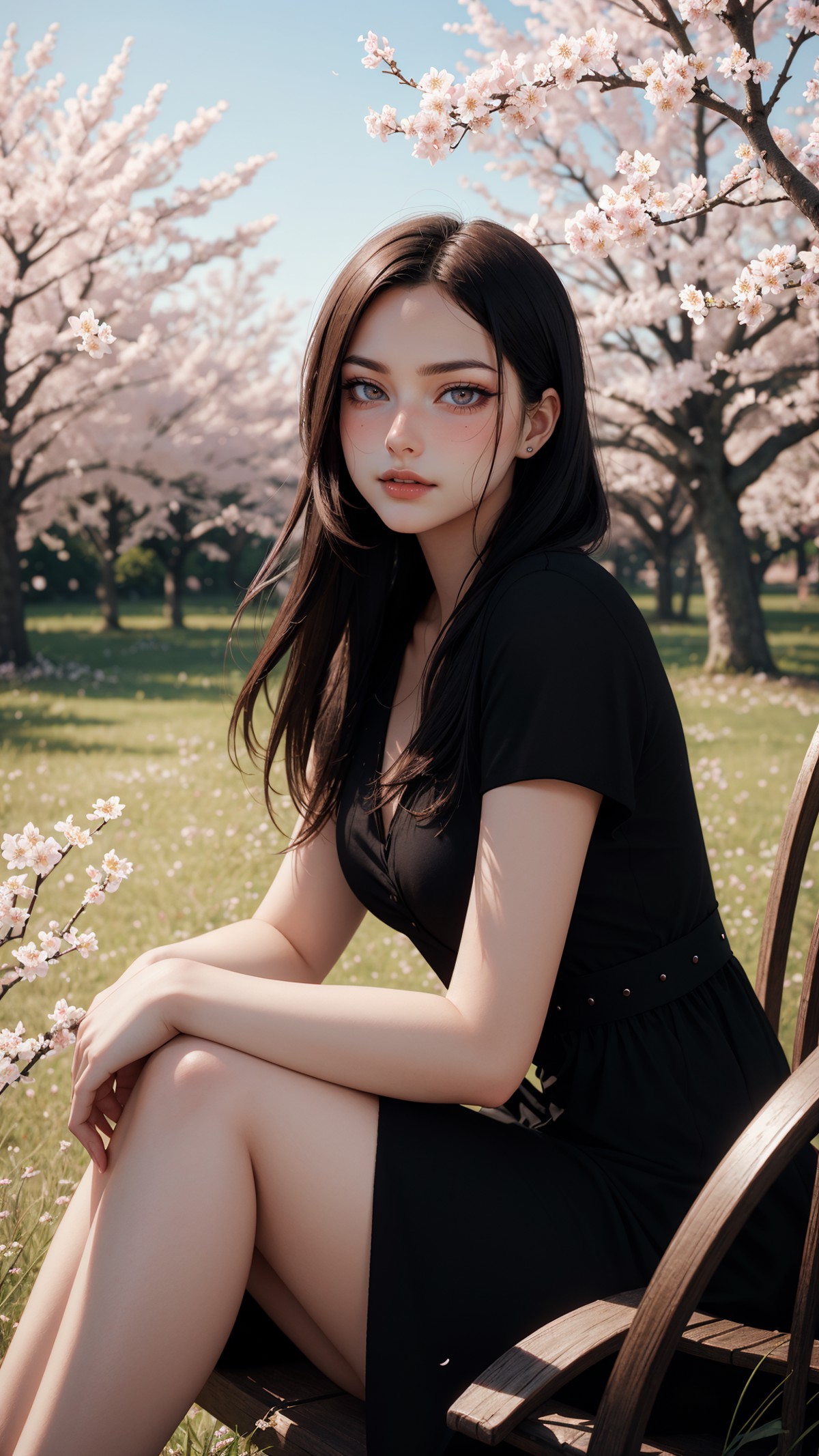AI绘画StableDiffusion带信息样图（civitai.com站精选）-樱花树下的黑衣美女