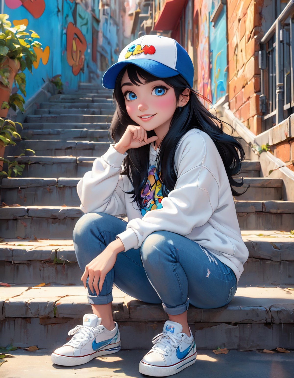 AI绘画StableDiffusion带信息样图（civitai.com站精选）-坐在台阶上的动漫少女