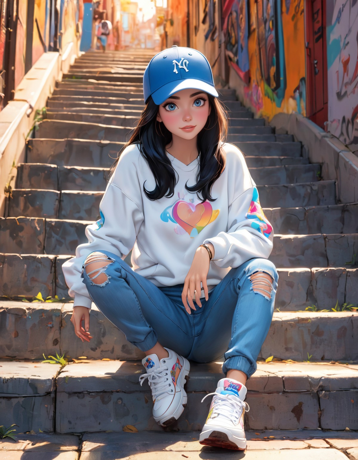 AI绘画StableDiffusion带信息样图（civitai.com站精选）-坐在台阶上的动漫少女