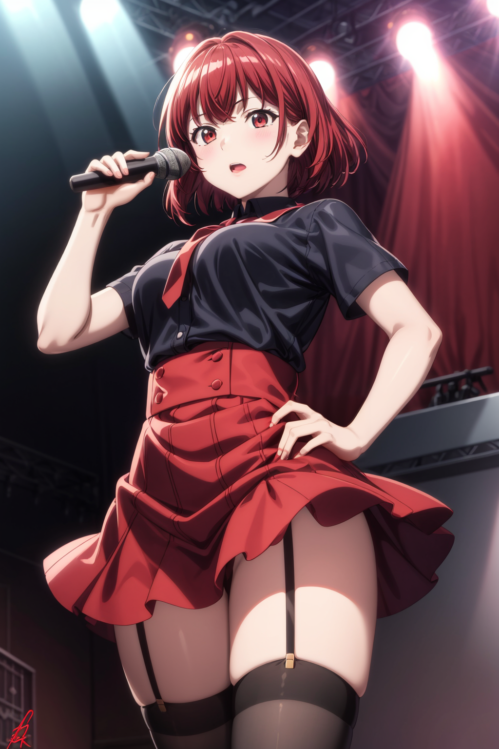 AI绘画StableDiffusion带信息样图（civitai.com站精选）-唱歌的红发黑丝女孩