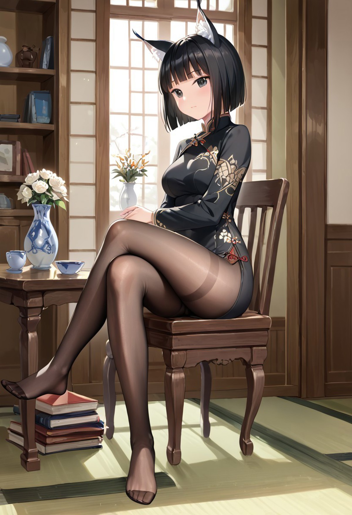 AI绘画StableDiffusion带信息样图（civitai.com站精选）-黑丝旗袍猫女郎