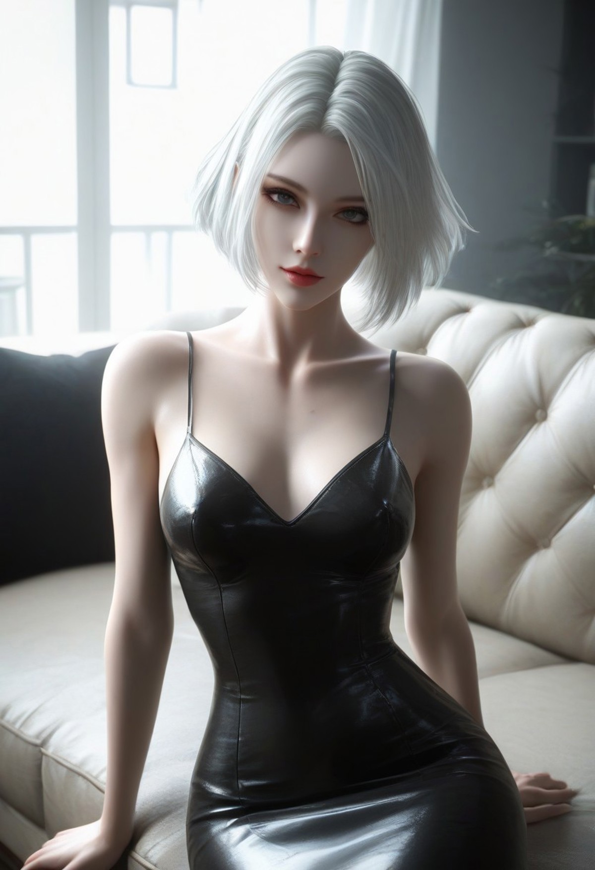 AI绘画StableDiffusion带信息样图（civitai.com站精选）-黑色漆皮小短裙银发少女