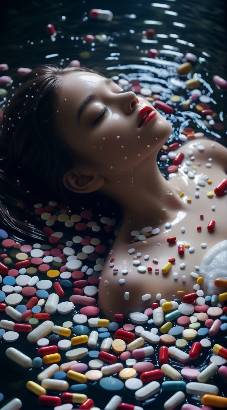 AI绘画StableDiffusion带信息样图（civitai.com网站精选）-漂着药片的水池中的少女