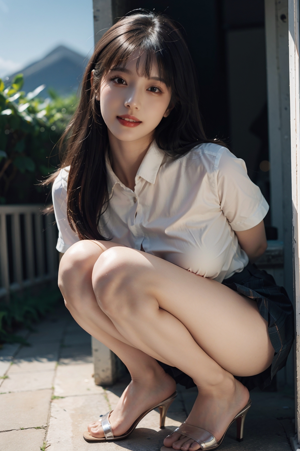 AI绘画StableDiffusion带信息样图（civitai.com网站精选）-蹲在地上的大长腿美女