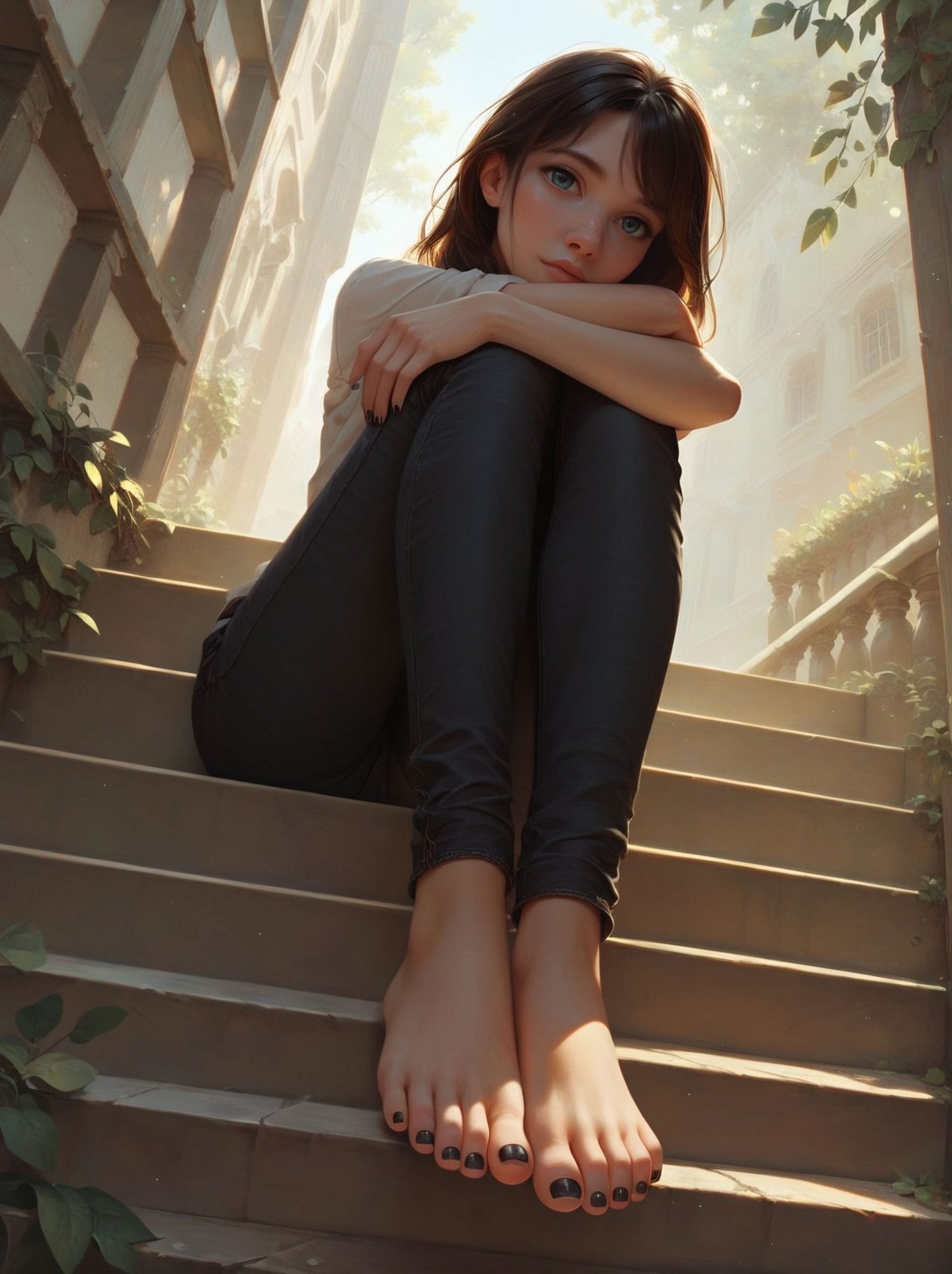 AI绘画StableDiffusion带信息样图（civitai.com网站精选）-坐在台阶上的美少女