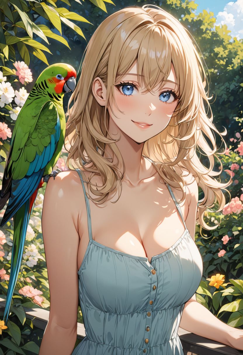 AI绘画StableDiffusion带信息样图（civitai.com网站精选）-丰满少女与鹦鹉