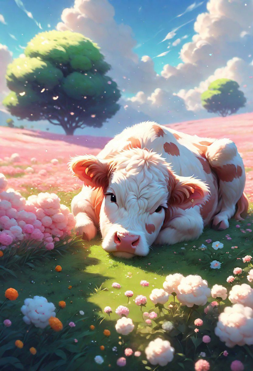 AI绘画StableDiffusion带信息样图（civitai.com网站精选）-鲜花丛中的奶牛