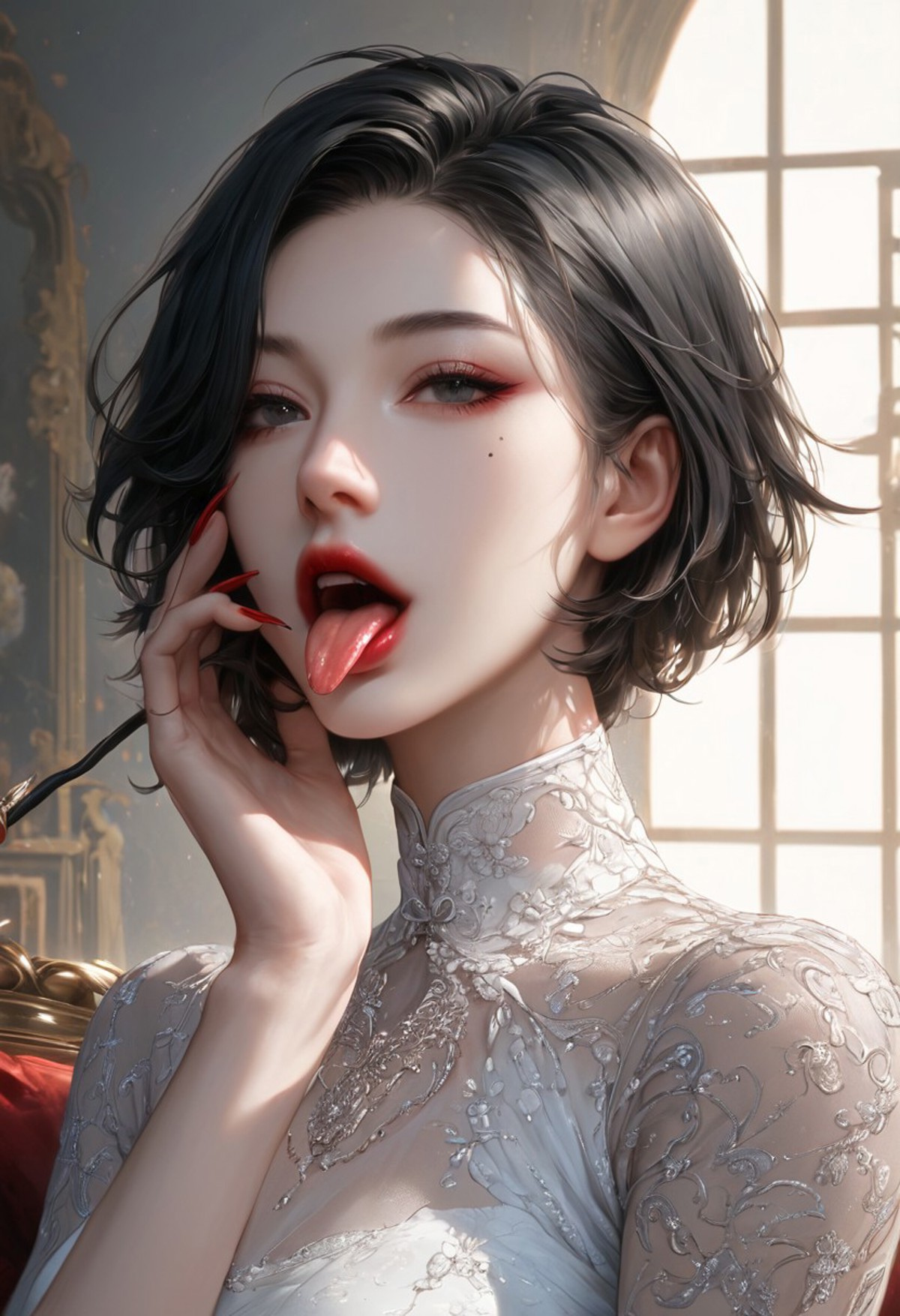 AI绘画StableDiffusion带信息样图（civitai.com网站精选）-吐舌头的粉白少女