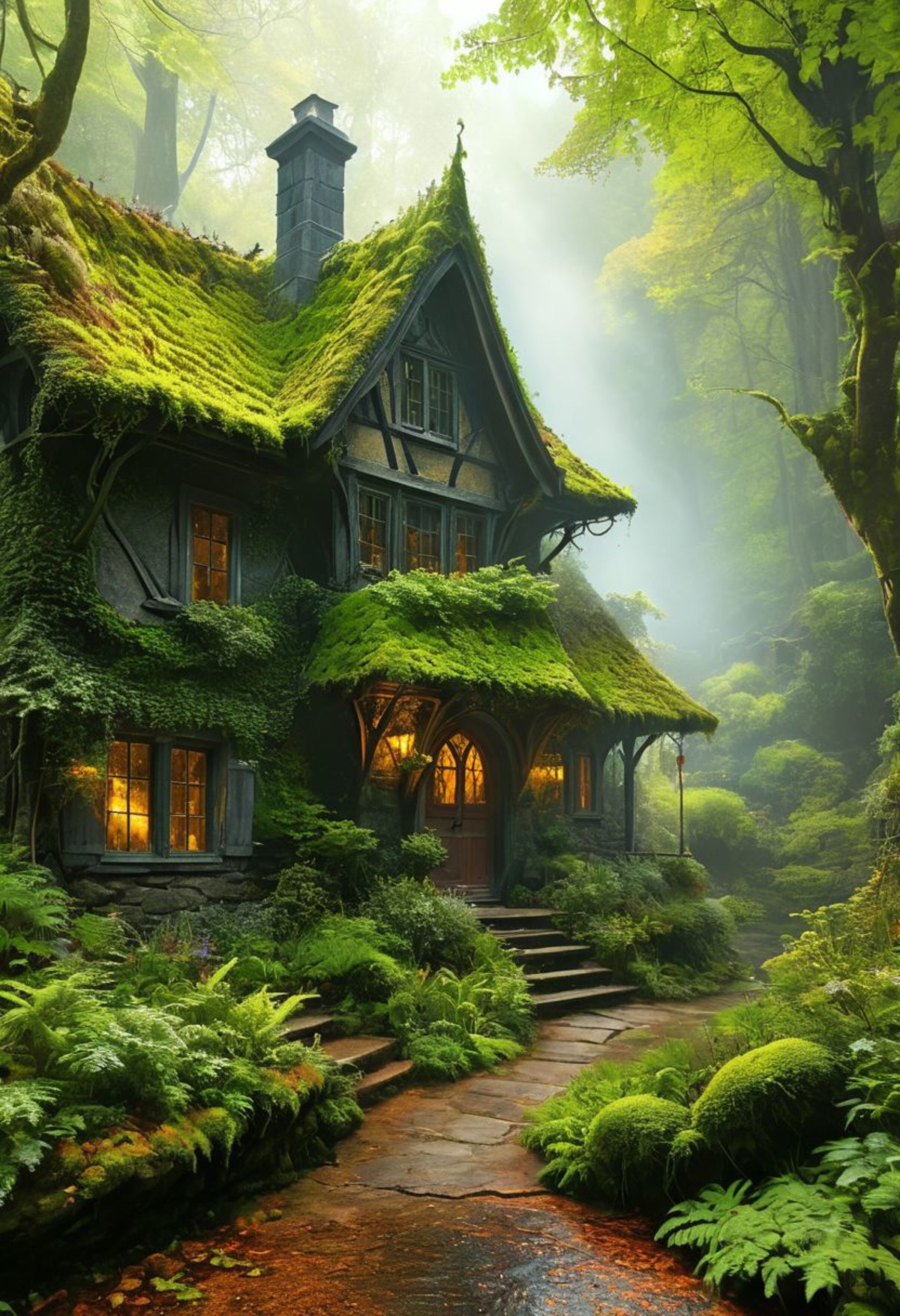 AI绘画StableDiffusion带信息样图（civitai.com网站精选）-爬满绿植的森林小屋
