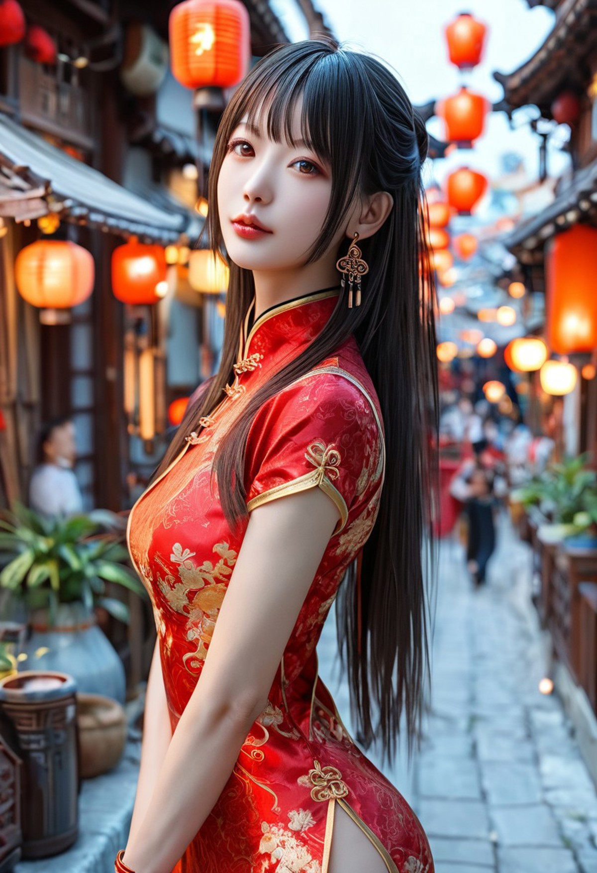 AI绘画StableDiffusion带信息样图（civitai.com网站精选）-古建筑街道上的旗袍美少女