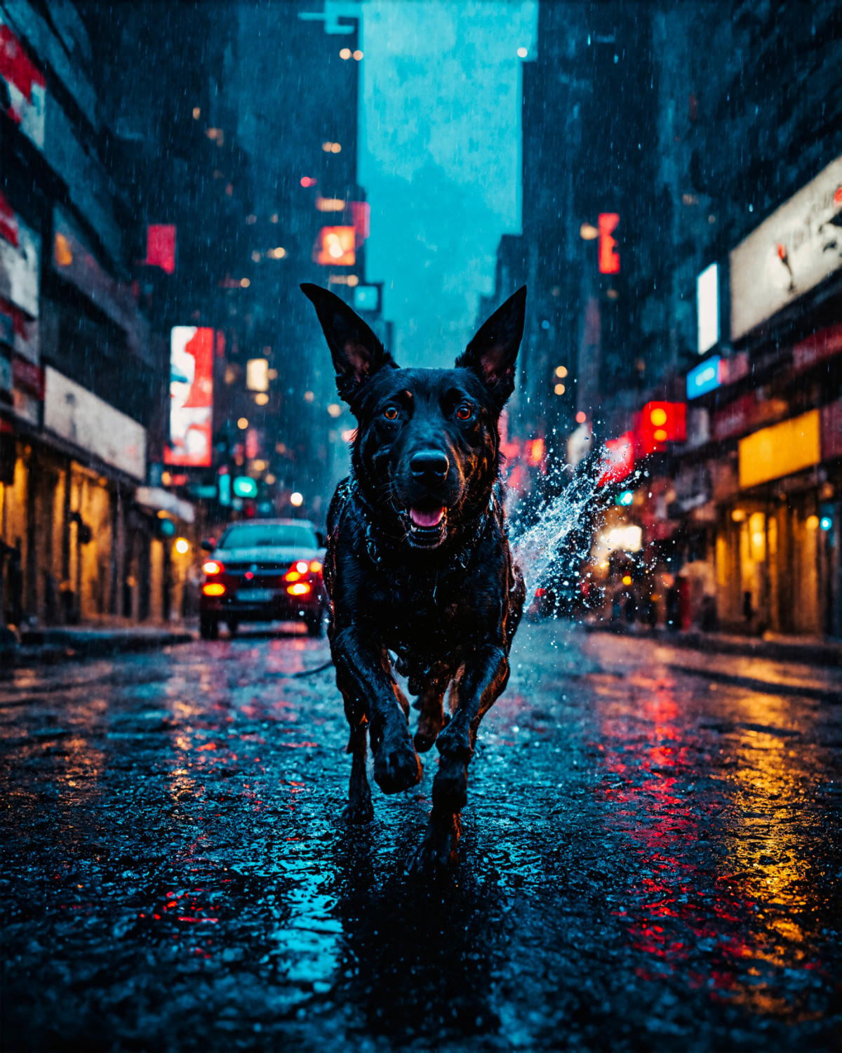 AI绘画StableDiffusion带信息样图（civitai.com网站精选）-在大雨中奔跑的小黑狗