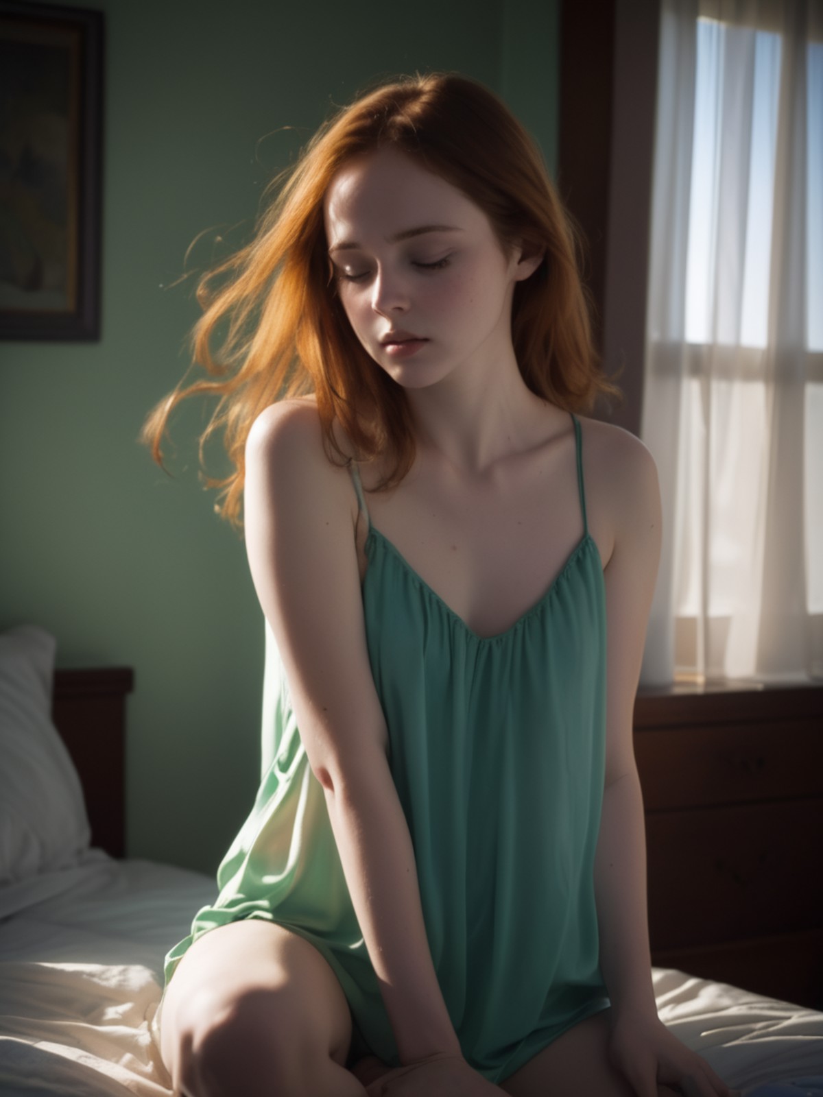 AI绘画StableDiffusion带信息样图（civitai.com网站精选）-坐在床上穿睡衣的少女