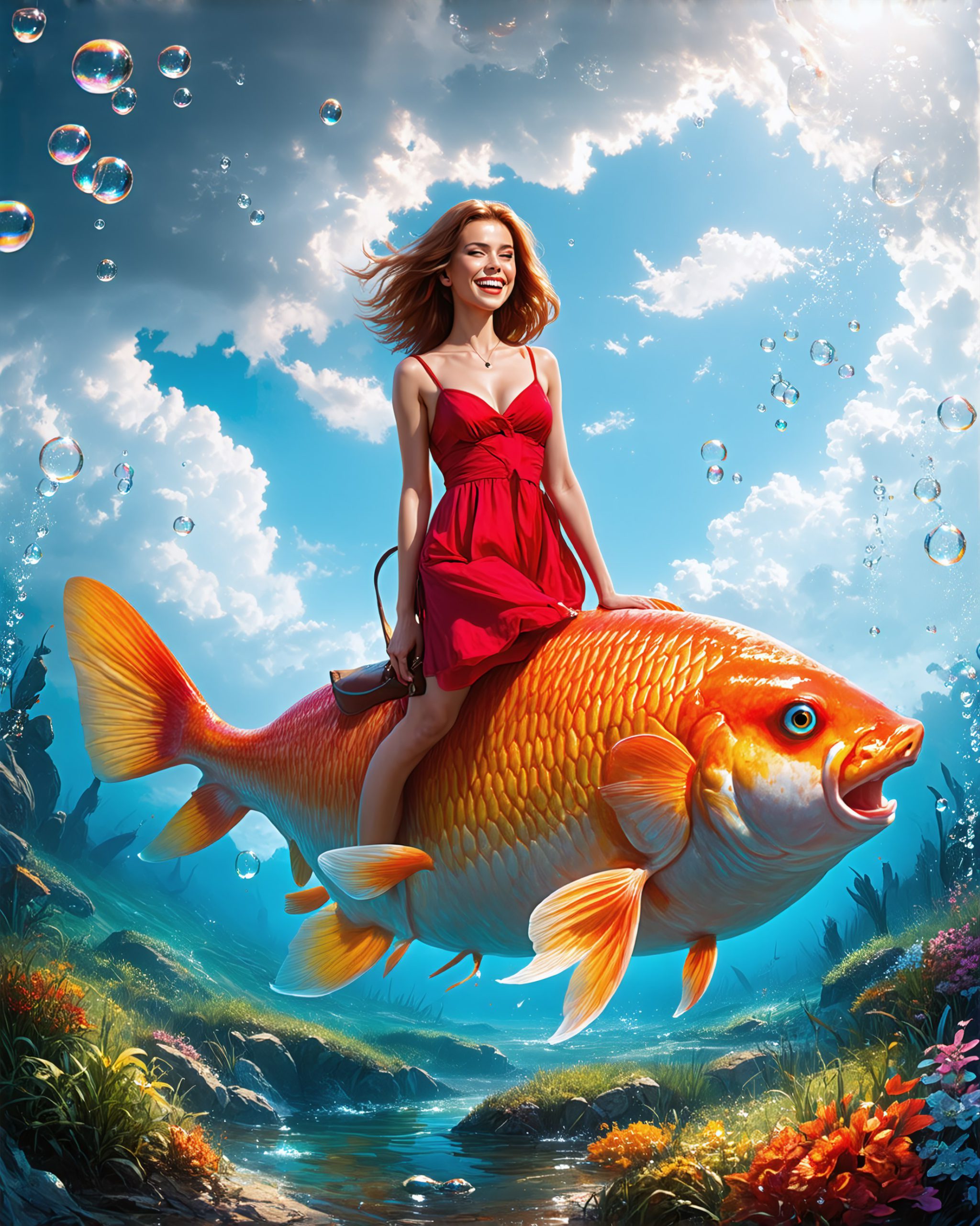 AI绘画StableDiffusion带信息样图（civitai.com网站精选）-骑在金鱼身上的红衣女人