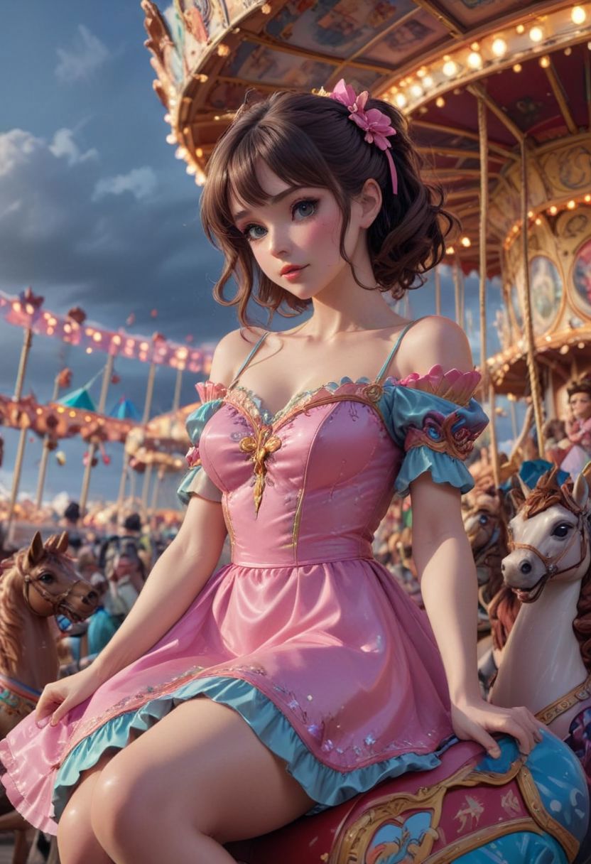 AI绘画StableDiffusion带信息样图（civitai.com网站精选）-坐在旋转木马上的少女