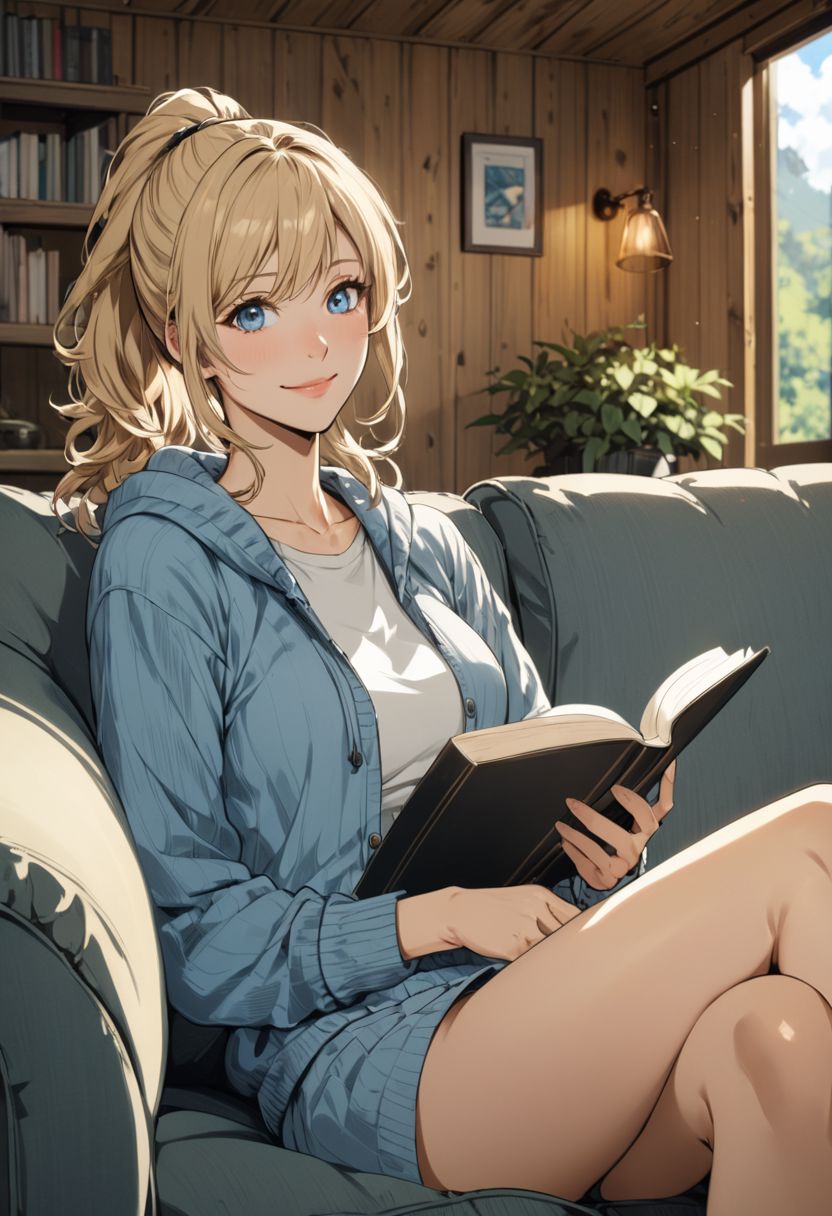 AI绘画StableDiffusion带信息样图（civitai.com网站精选）-坐在沙发上看书的少女